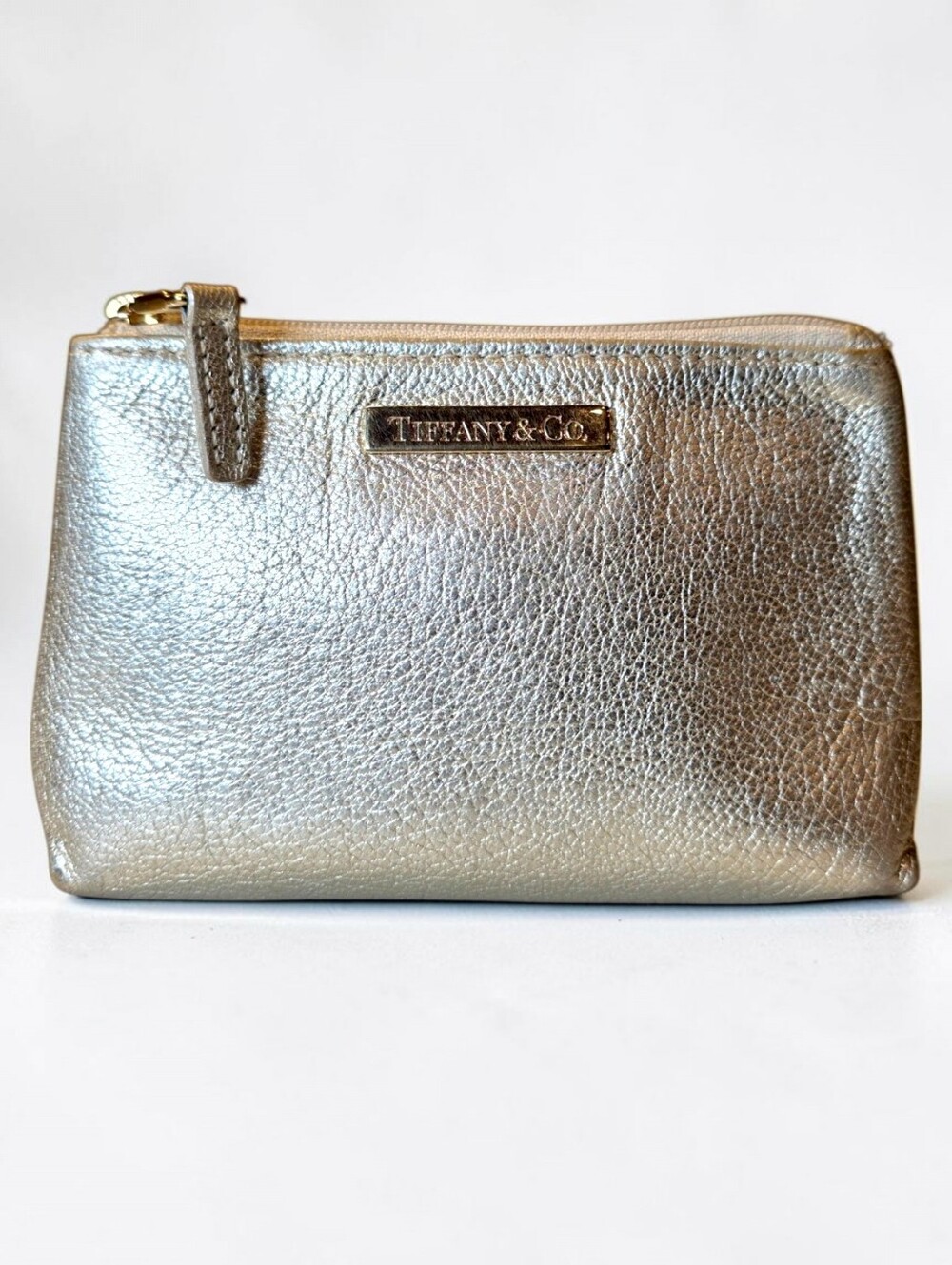 Tiffany & Co. Metallic Silver Leather Cosmetic Make Up Pouch